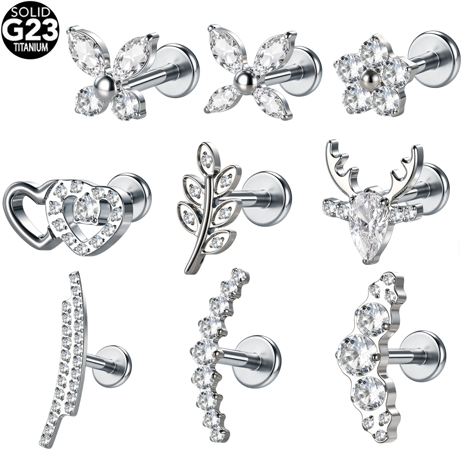 Flat Back Labret Stud - 1/5개 G23 티타늄 버터플라이 플라워 CZ